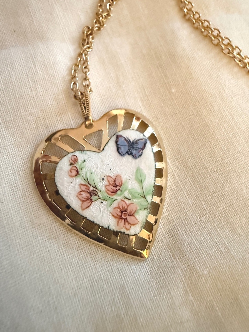 Vintage Heart Butterfly Pendant Necklace Enamel